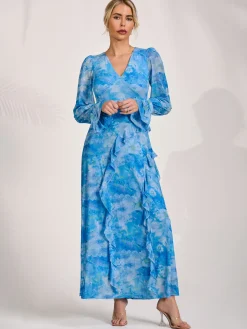 Long Sleeve Ruffle Mesh Maxi Dress, Blue Abstract