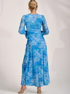 Long Sleeve Ruffle Mesh Maxi Dress, Blue Abstract
