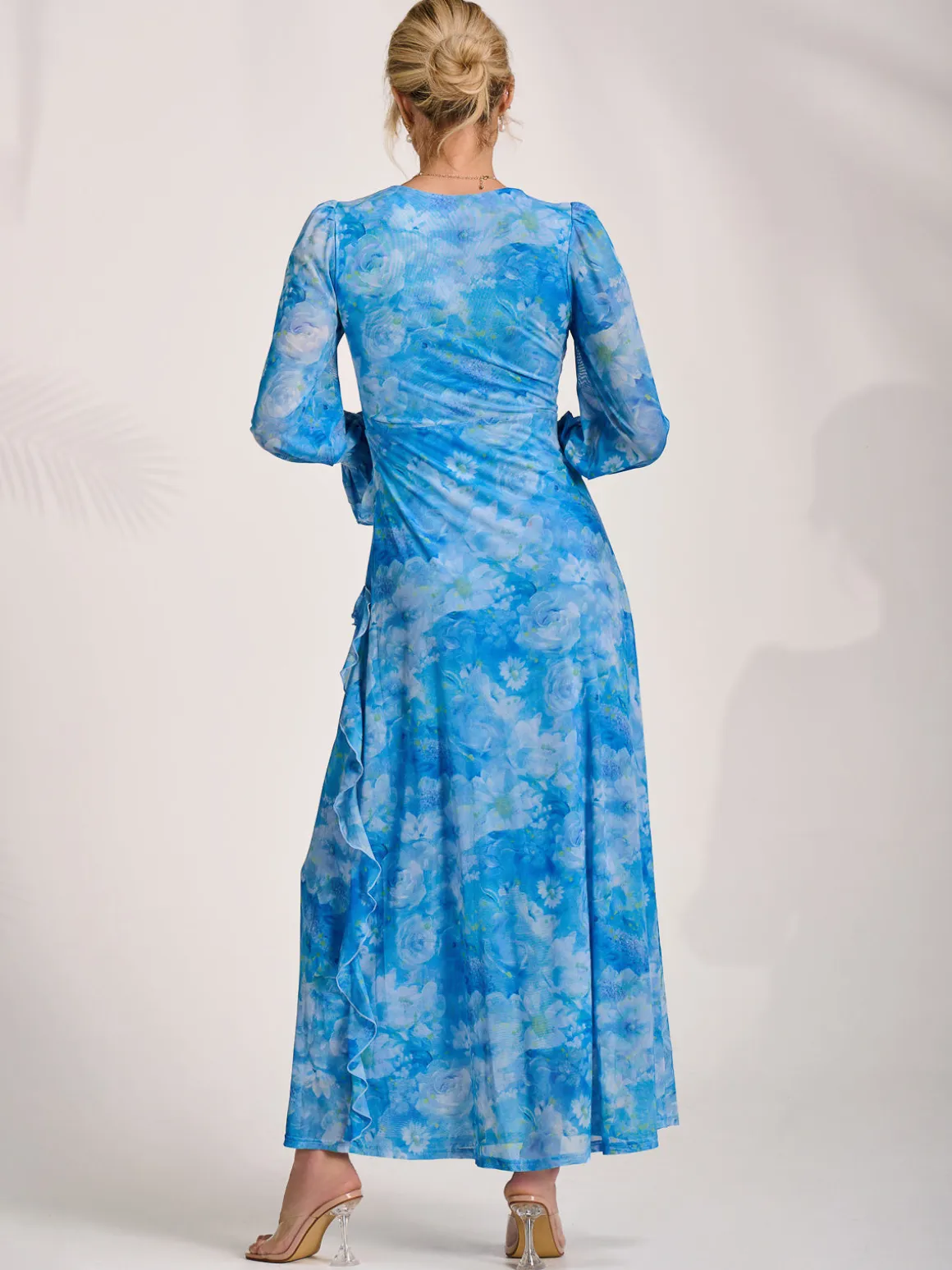 Long Sleeve Ruffle Mesh Maxi Dress, Blue Abstract