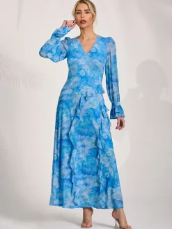 Long Sleeve Ruffle Mesh Maxi Dress, Blue Abstract