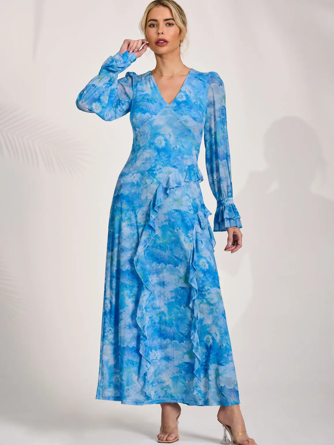 Long Sleeve Ruffle Mesh Maxi Dress, Blue Abstract