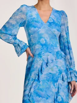 Long Sleeve Ruffle Mesh Maxi Dress, Blue Abstract