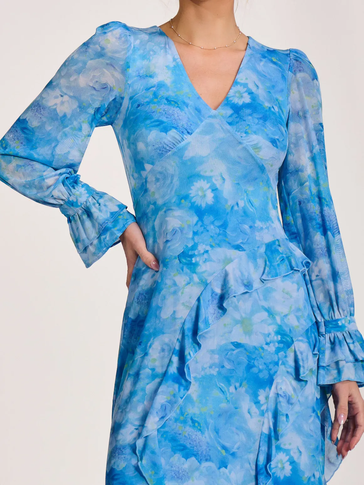Long Sleeve Ruffle Mesh Maxi Dress, Blue Abstract