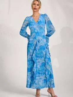 Long Sleeve Ruffle Mesh Maxi Dress, Blue Abstract