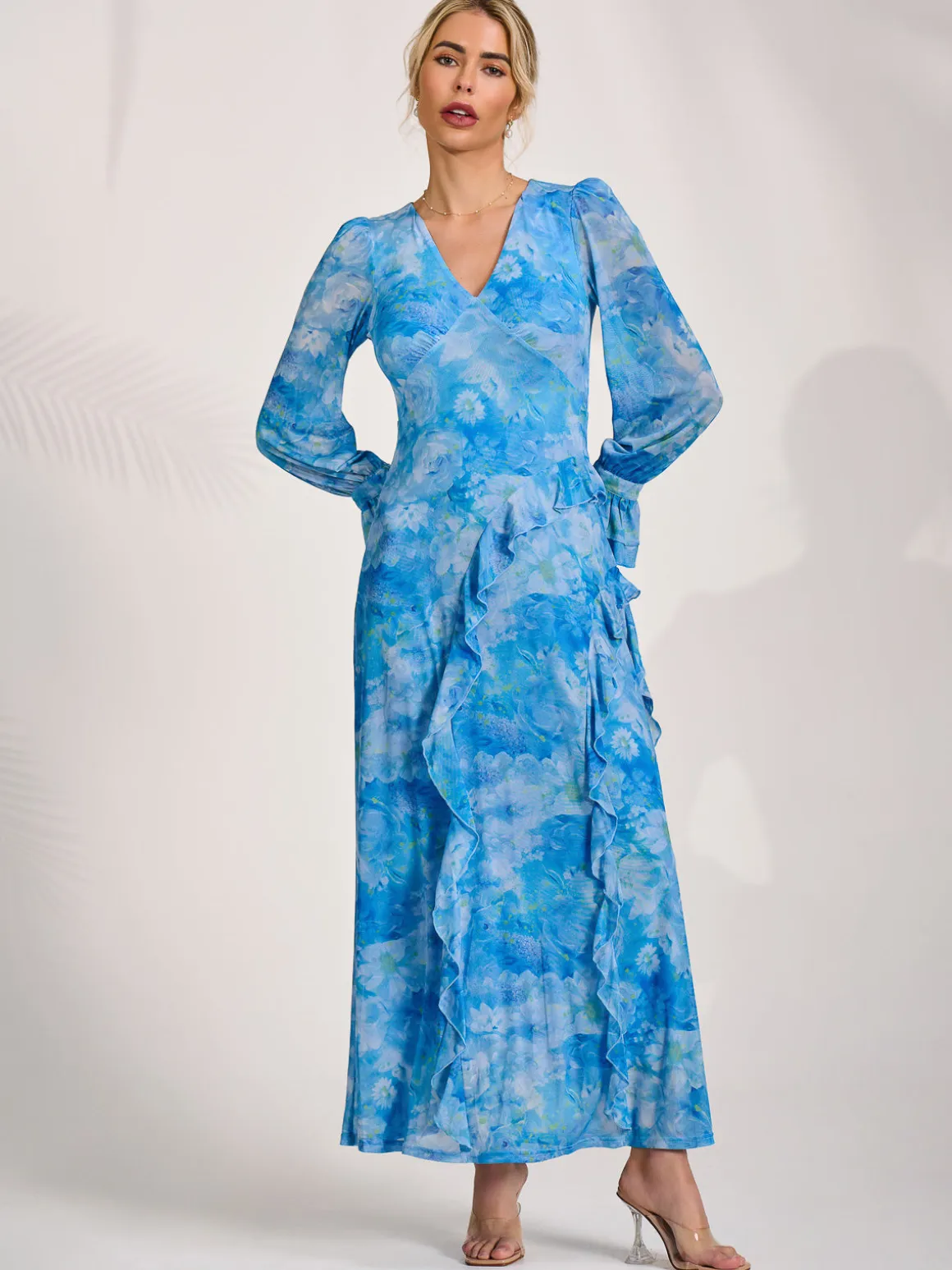 Long Sleeve Ruffle Mesh Maxi Dress, Blue Abstract
