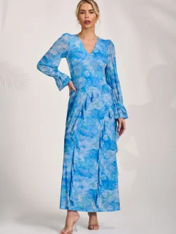 Long Sleeve Ruffle Mesh Maxi Dress, Blue Abstract