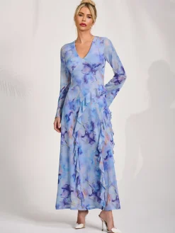 Long Sleeve Ruffle Mesh Maxi Dress, Blue Abstract