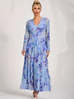 Long Sleeve Ruffle Mesh Maxi Dress, Blue Abstract