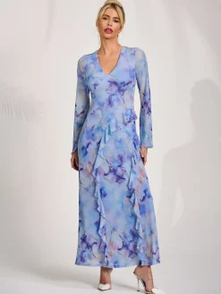 Long Sleeve Ruffle Mesh Maxi Dress, Blue Abstract