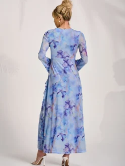 Long Sleeve Ruffle Mesh Maxi Dress, Blue Abstract