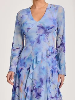 Long Sleeve Ruffle Mesh Maxi Dress, Blue Abstract