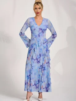 Long Sleeve Ruffle Mesh Maxi Dress, Blue Abstract