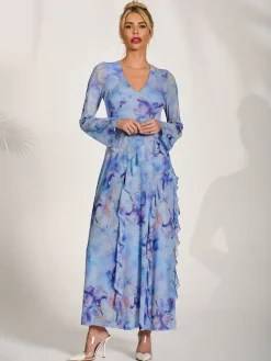 Long Sleeve Ruffle Mesh Maxi Dress, Blue Abstract