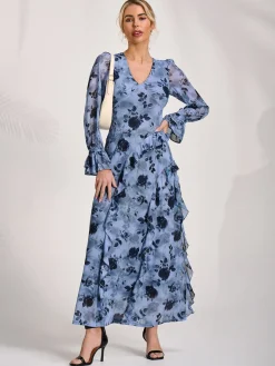 Long Sleeve Ruffle Mesh Maxi Dress, Blue Floral
