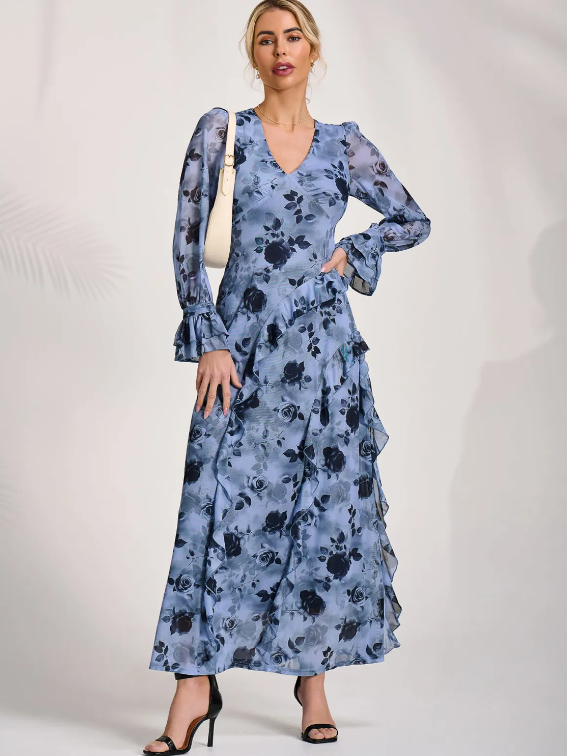 Long Sleeve Ruffle Mesh Maxi Dress, Blue Floral