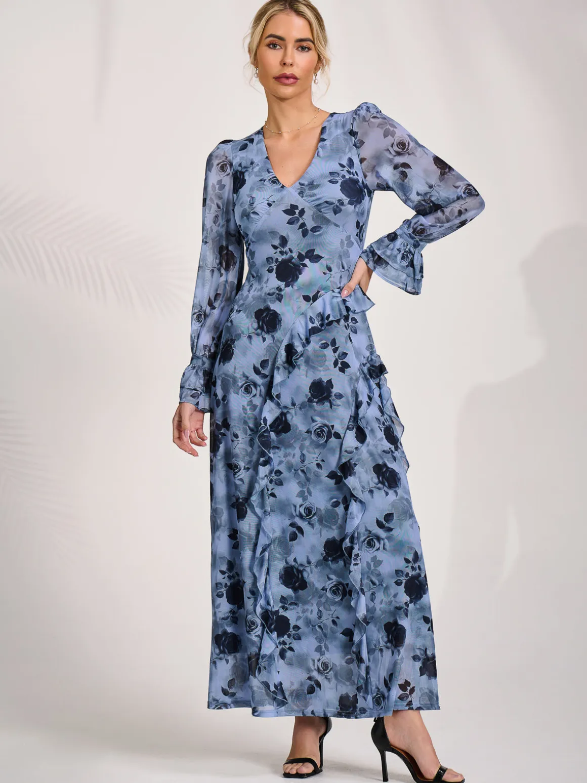 Long Sleeve Ruffle Mesh Maxi Dress, Blue Floral