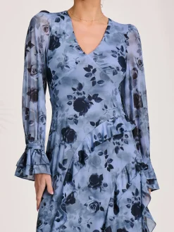 Long Sleeve Ruffle Mesh Maxi Dress, Blue Floral