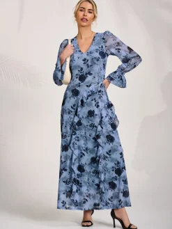 Long Sleeve Ruffle Mesh Maxi Dress, Blue Floral