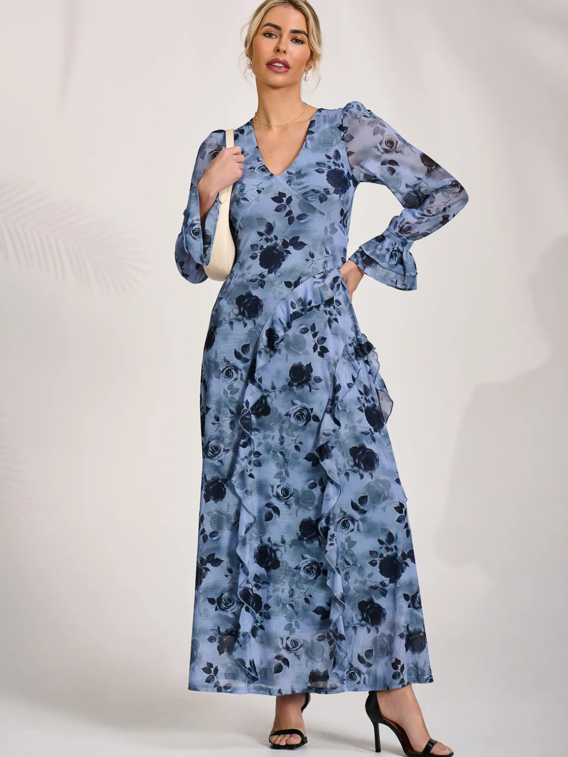 Long Sleeve Ruffle Mesh Maxi Dress, Blue Floral