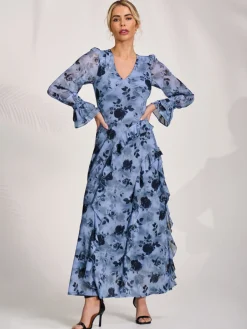 Long Sleeve Ruffle Mesh Maxi Dress, Blue Floral