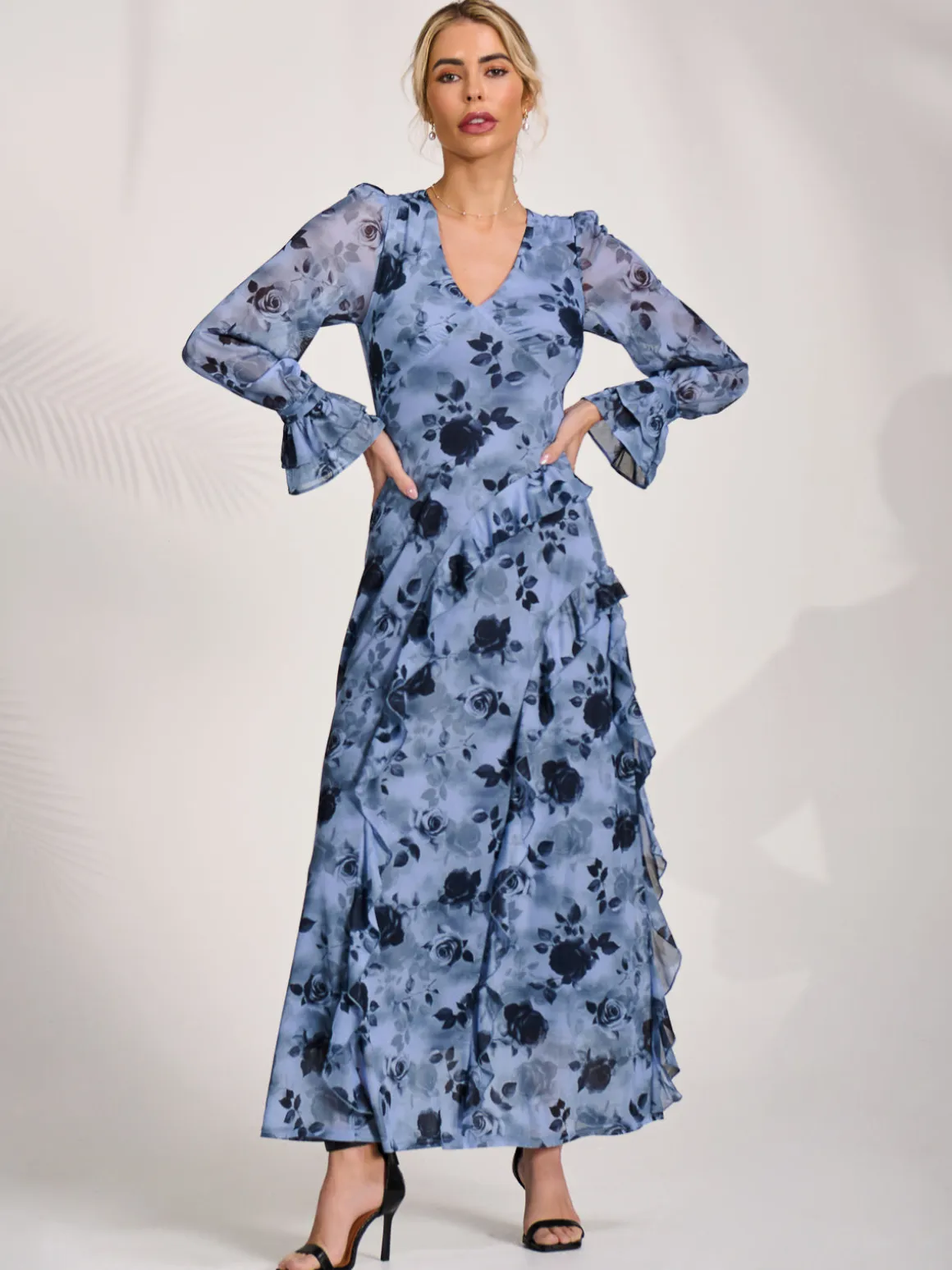 Long Sleeve Ruffle Mesh Maxi Dress, Blue Floral