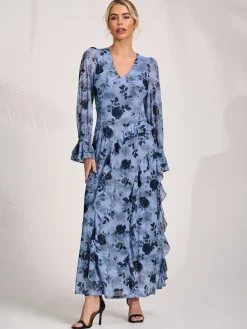 Long Sleeve Ruffle Mesh Maxi Dress, Blue Floral