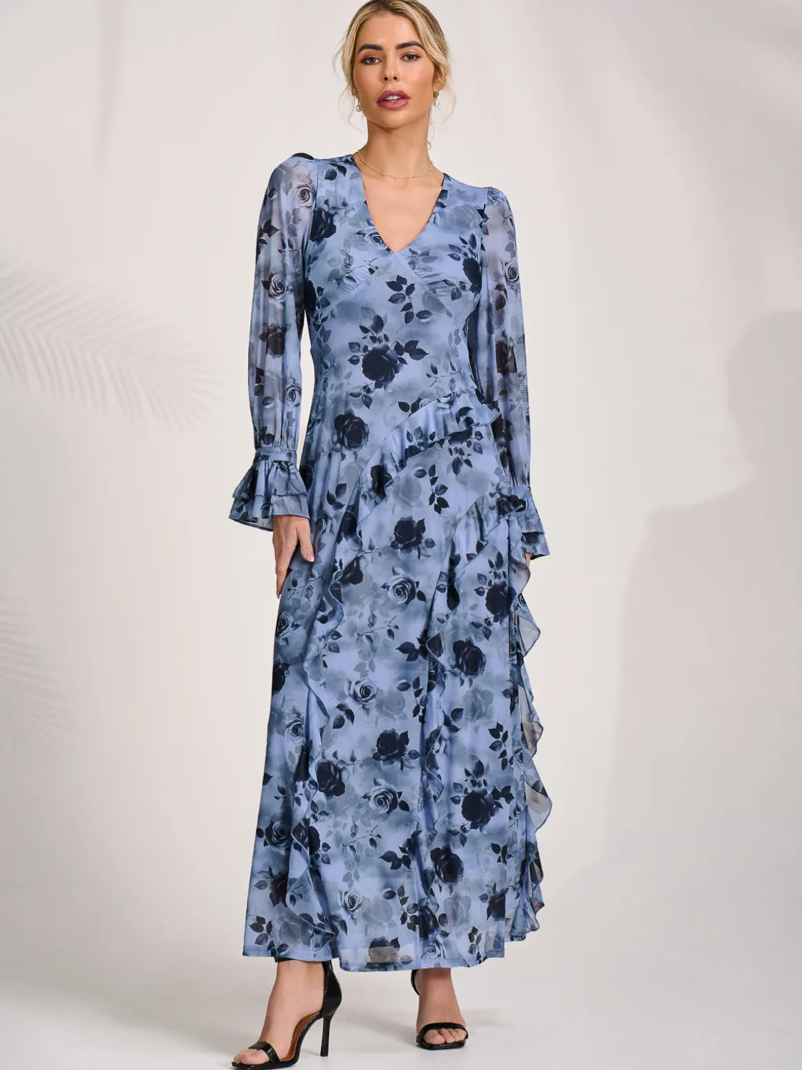 Long Sleeve Ruffle Mesh Maxi Dress, Blue Floral