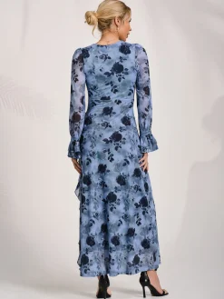 Long Sleeve Ruffle Mesh Maxi Dress, Blue Floral