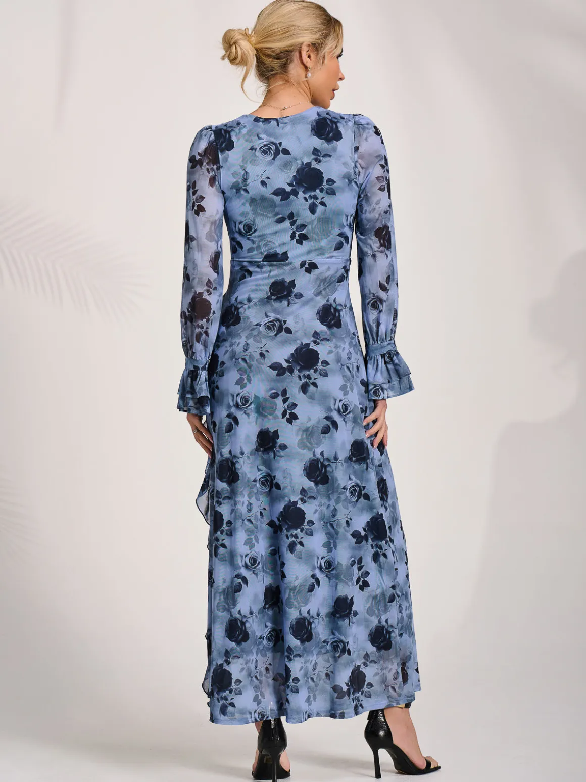 Long Sleeve Ruffle Mesh Maxi Dress, Blue Floral