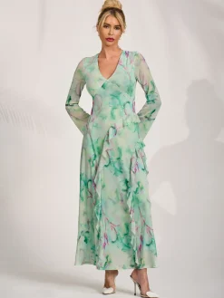 Long Sleeve Ruffle Mesh Maxi Dress, Green Abstract