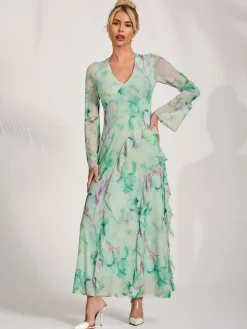 Long Sleeve Ruffle Mesh Maxi Dress, Green Abstract