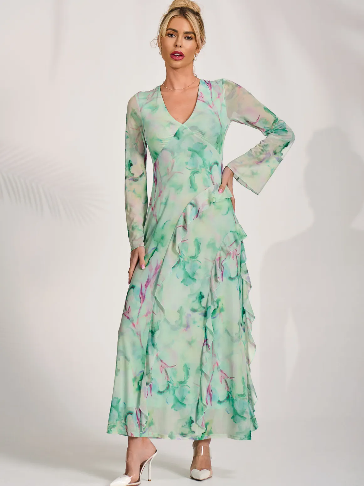 Long Sleeve Ruffle Mesh Maxi Dress, Green Abstract