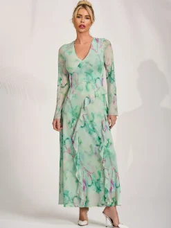 Long Sleeve Ruffle Mesh Maxi Dress, Green Abstract
