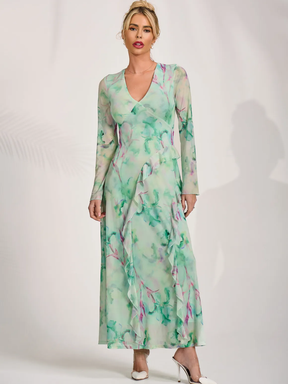 Long Sleeve Ruffle Mesh Maxi Dress, Green Abstract