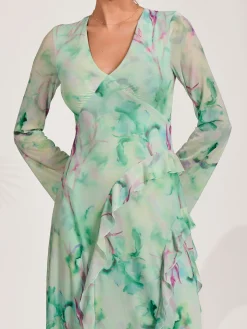 Long Sleeve Ruffle Mesh Maxi Dress, Green Abstract