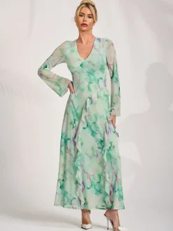 Long Sleeve Ruffle Mesh Maxi Dress, Green Abstract