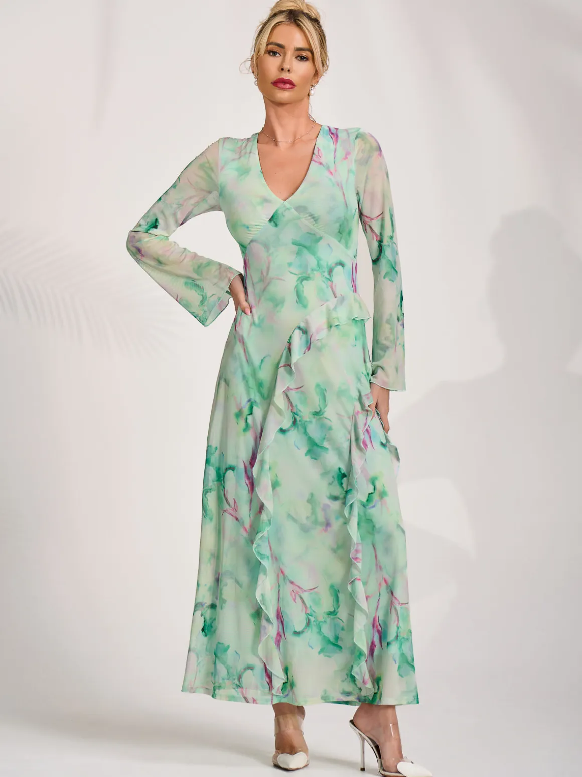Long Sleeve Ruffle Mesh Maxi Dress, Green Abstract
