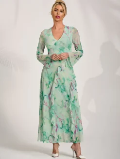 Long Sleeve Ruffle Mesh Maxi Dress, Green Abstract