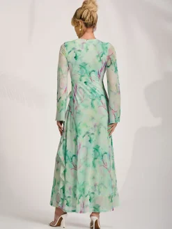 Long Sleeve Ruffle Mesh Maxi Dress, Green Abstract