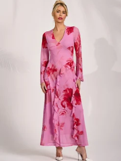 Long Sleeve Ruffle Mesh Maxi Dress, Pink Floral