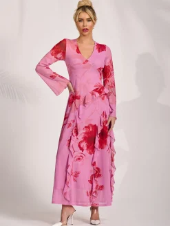 Long Sleeve Ruffle Mesh Maxi Dress, Pink Floral