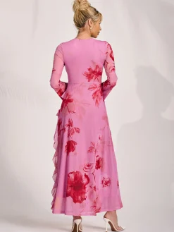 Long Sleeve Ruffle Mesh Maxi Dress, Pink Floral