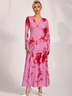 Long Sleeve Ruffle Mesh Maxi Dress, Pink Floral