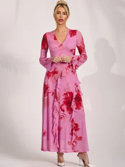 Long Sleeve Ruffle Mesh Maxi Dress, Pink Floral