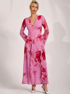 Long Sleeve Ruffle Mesh Maxi Dress, Pink Floral