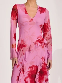 Long Sleeve Ruffle Mesh Maxi Dress, Pink Floral