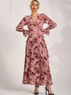 Long Sleeve Ruffle Mesh Maxi Dress, Pink Floral