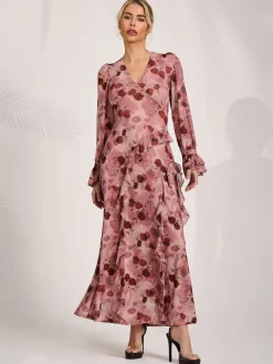 Long Sleeve Ruffle Mesh Maxi Dress, Pink Floral