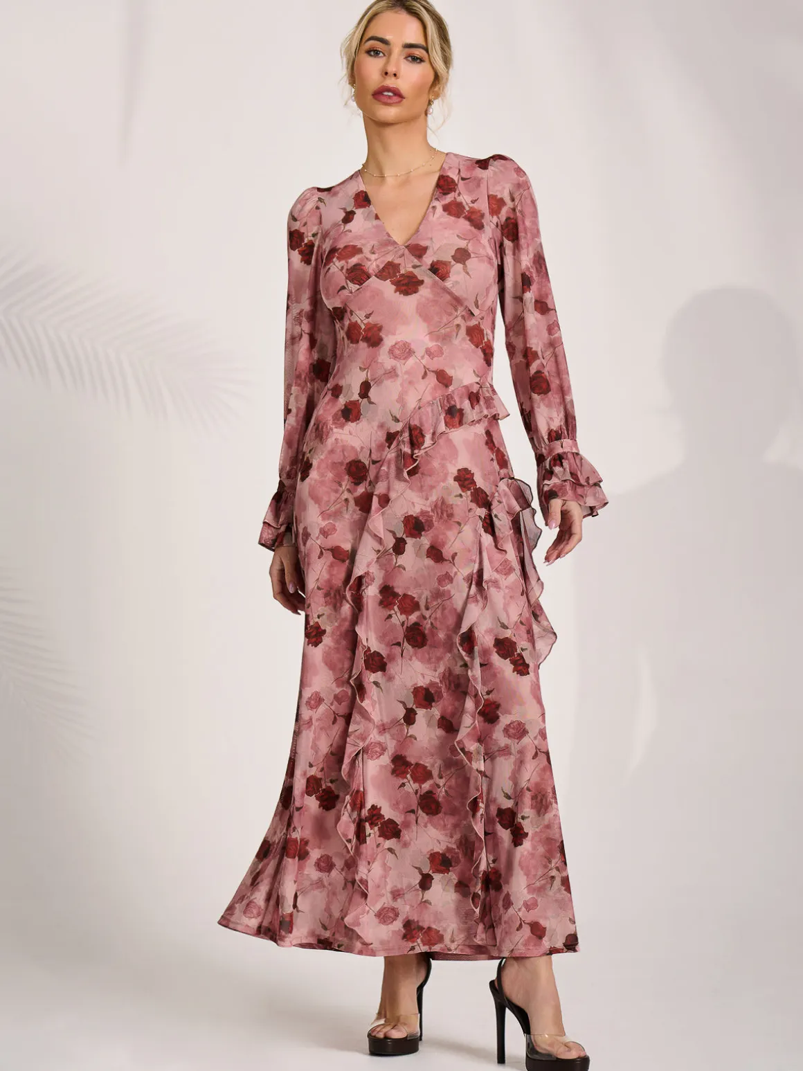 Long Sleeve Ruffle Mesh Maxi Dress, Pink Floral