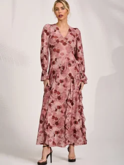 Long Sleeve Ruffle Mesh Maxi Dress, Pink Floral
